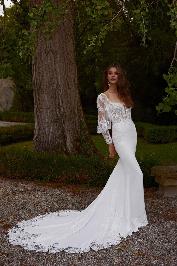 Crepe Fit and Flare with Notched Square Neckline and Open Scoop Back Wedding Dresses