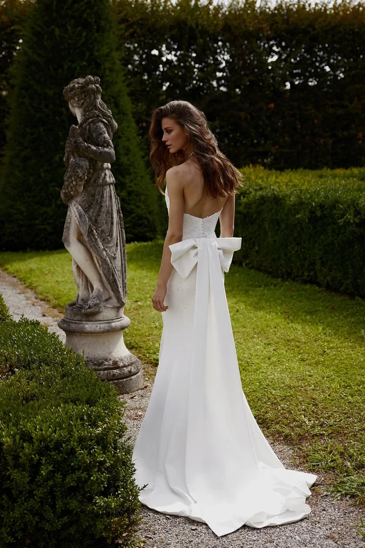 Crepe Fit and Flare with Pointed Neckline and Detachable Bow Wedding Dresses