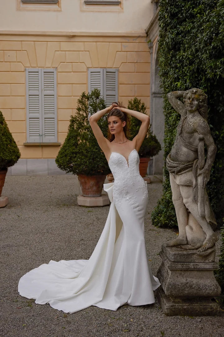 Crepe Fit and Flare with Pointed Neckline and Detachable Bow Wedding Dresses