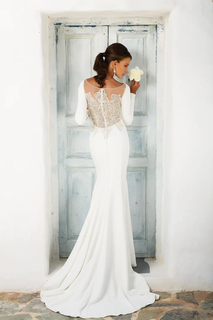 Crepe Long Sleeve Wedding Dress with Beaded Illusion Back Wedding Dresses