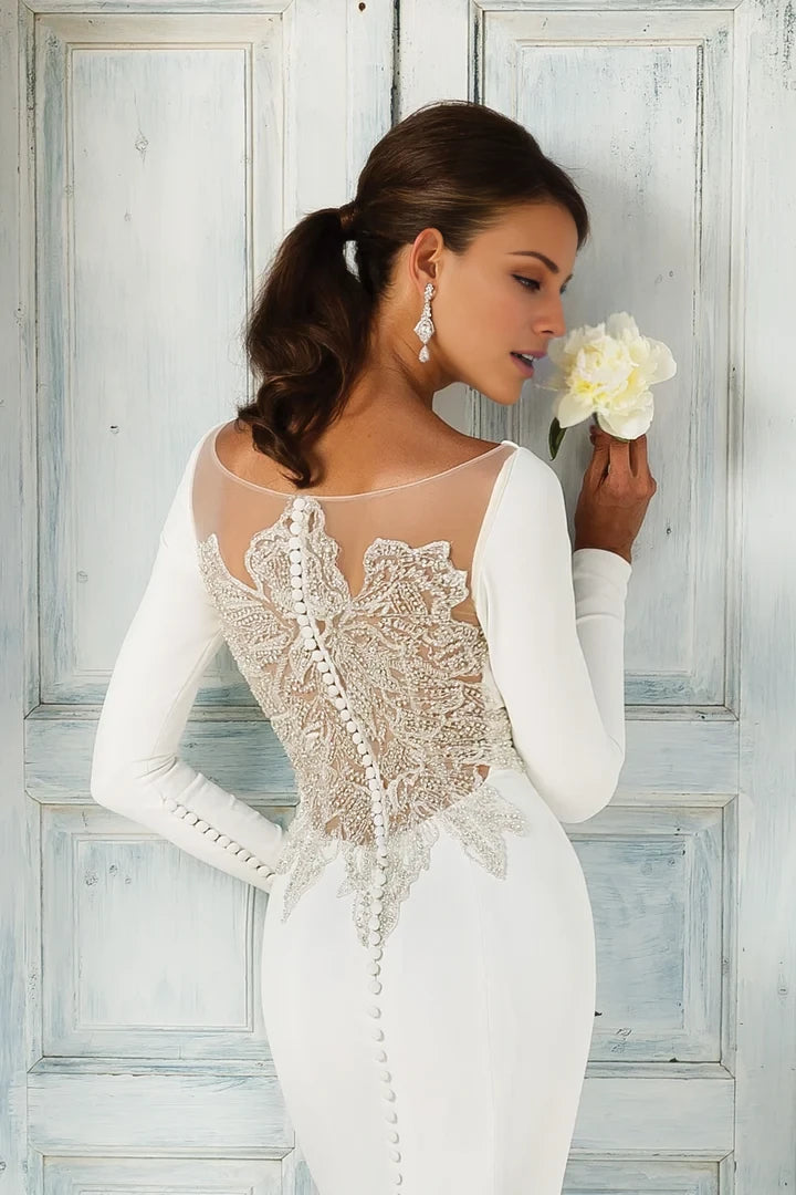Crepe Long Sleeve Wedding Dress with Beaded Illusion Back Wedding Dresses