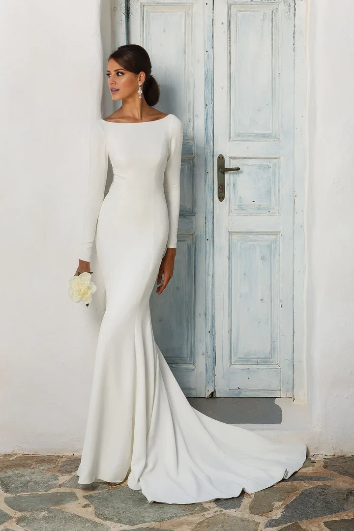 Crepe Long Sleeve Wedding Dress with Beaded Illusion Back Wedding Dresses