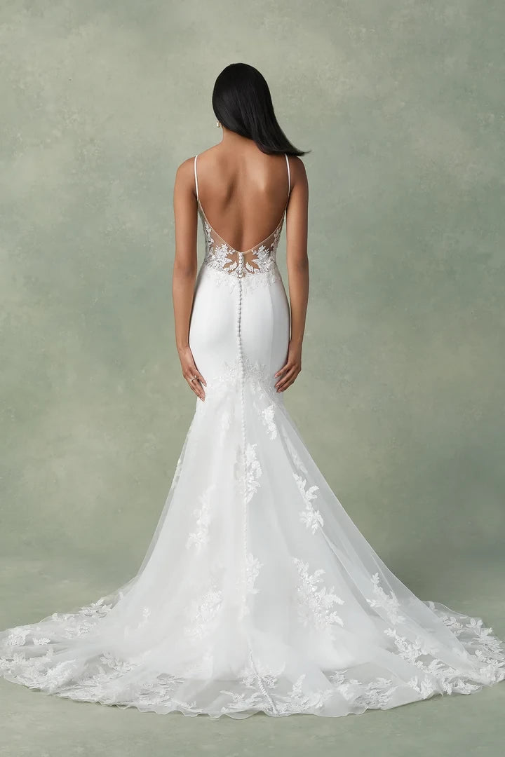Crepe Scoop Neck Fit and Flare Dress with Sequined Lace Appliqués Wedding Dresses