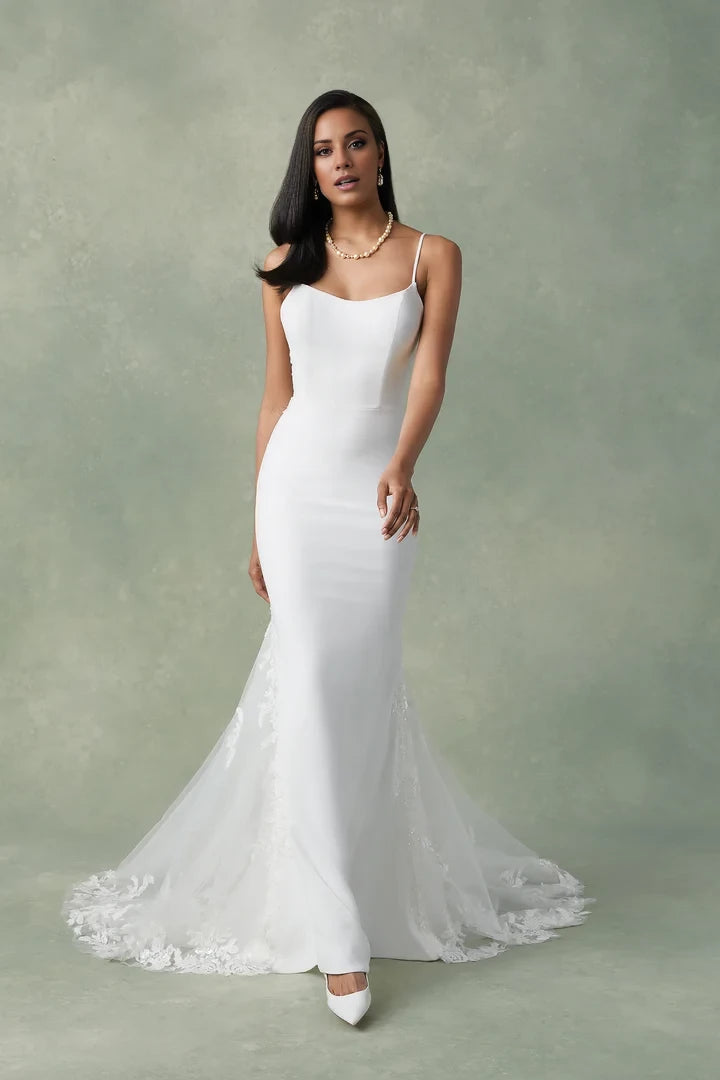Crepe Scoop Neck Fit and Flare Dress with Sequined Lace Appliqués Wedding Dresses