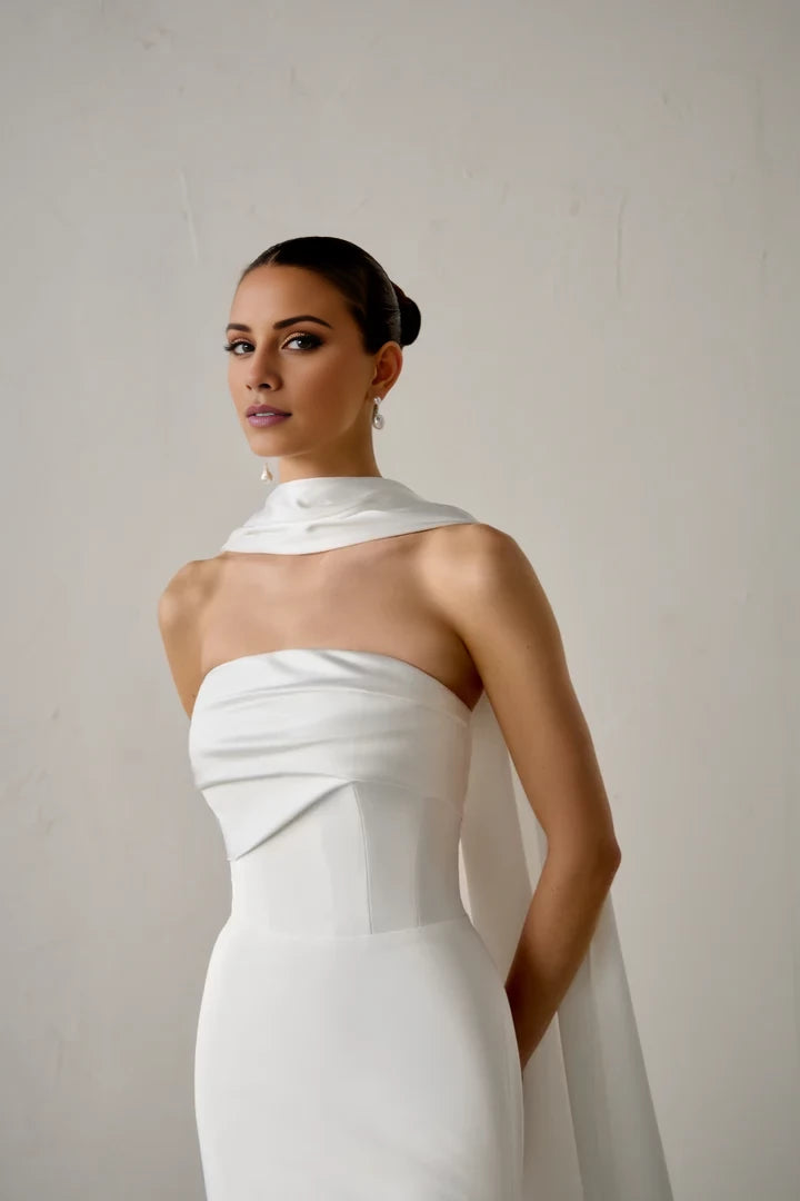 Crepe Strapless Fit Flare Gown with Charmeuse Bodice Detail Wedding Dresses