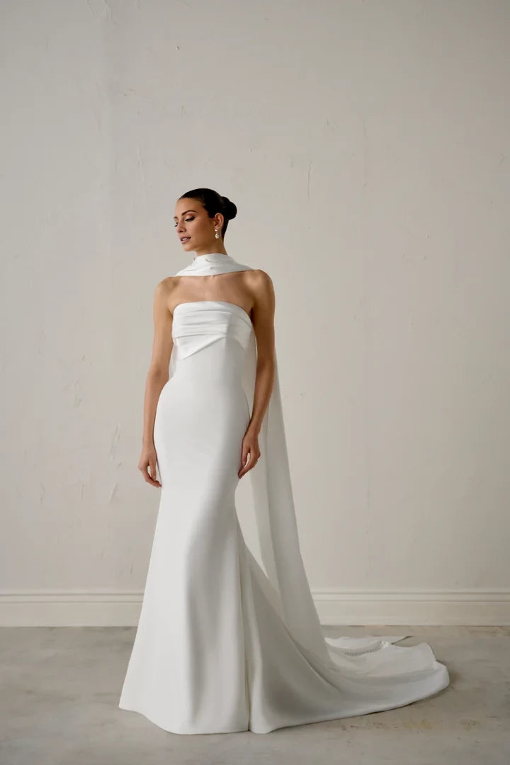 Crepe Strapless Fit Flare Gown with Charmeuse Bodice Detail Wedding Dresses