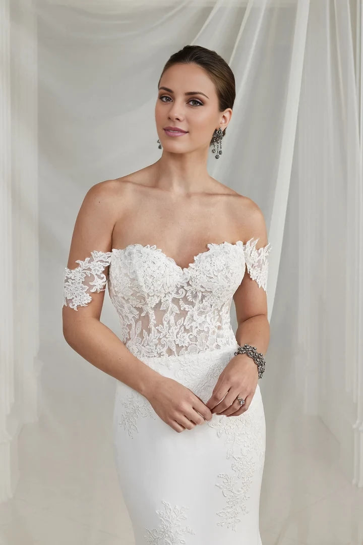 Crepe and Lace Fit and Flare Dress with Illusion Scalloped Train Wedding Dresses