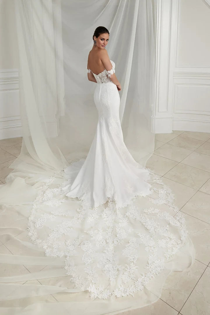 Crepe and Lace Fit and Flare Dress with Illusion Scalloped Train Wedding Dresses