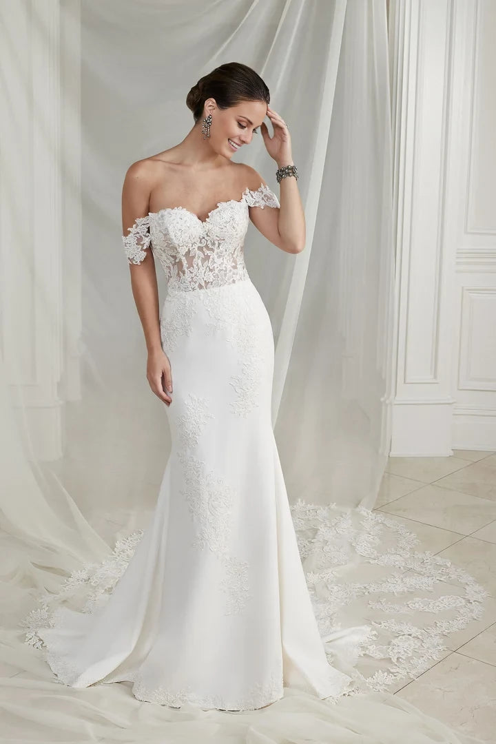 Crepe and Lace Fit and Flare Dress with Illusion Scalloped Train Wedding Dresses