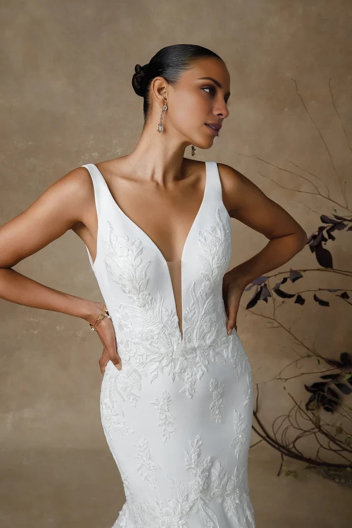 Crepe and Tulle Fit and Flare Wedding Dress with Lace Appliqués Wedding Dresses