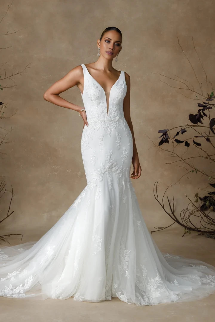 Crepe and Tulle Fit and Flare Wedding Dress with Lace Appliqués Wedding Dresses