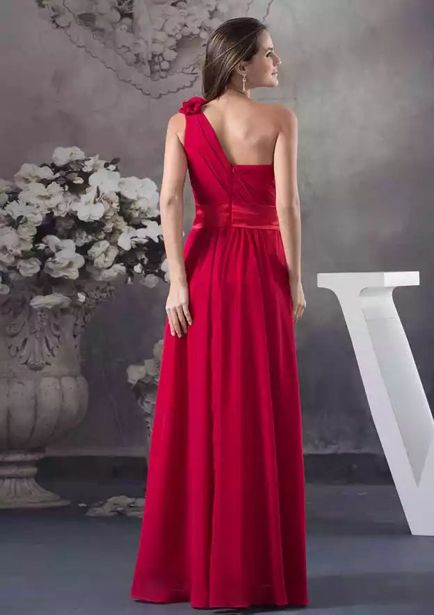 Crimson One-Shoulder Floral-Accent A-Line Gown – Romantic & Elegant Evening Party Dress