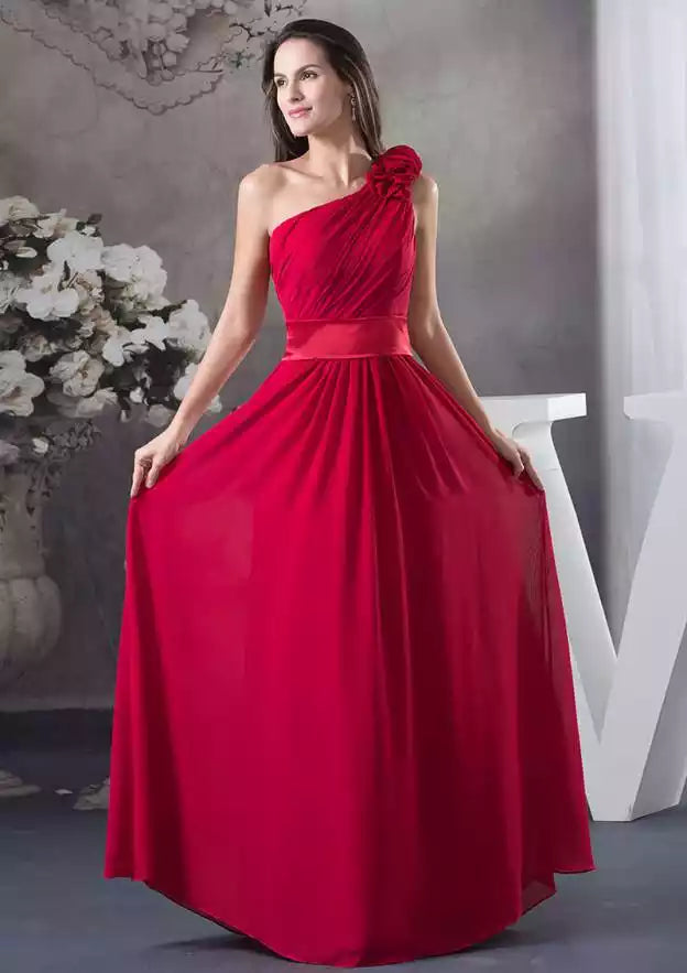Crimson One-Shoulder Floral-Accent A-Line Gown – Romantic & Elegant Evening Party Dress