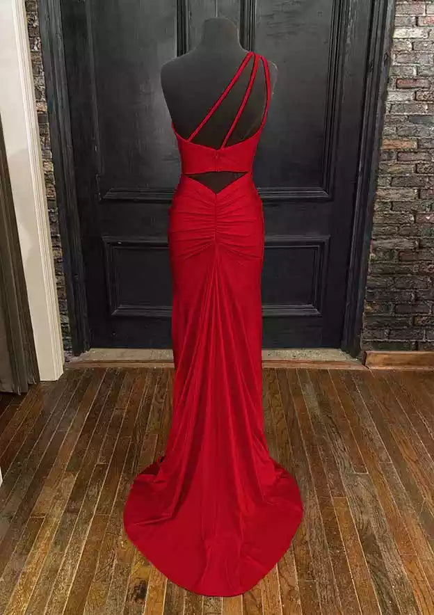 Crimson Red Asymmetric-Strap Mermaid Gown – Sleek & Alluring Evening Party Dress