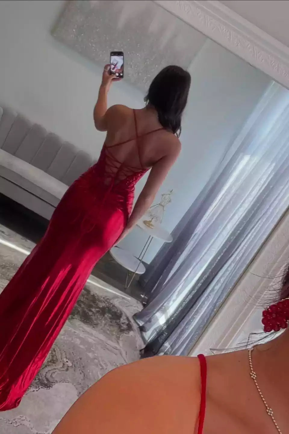 Crimson Red Beaded Satin Crisscross-Back Gown – Glittering & Elegant Evening Party Dress