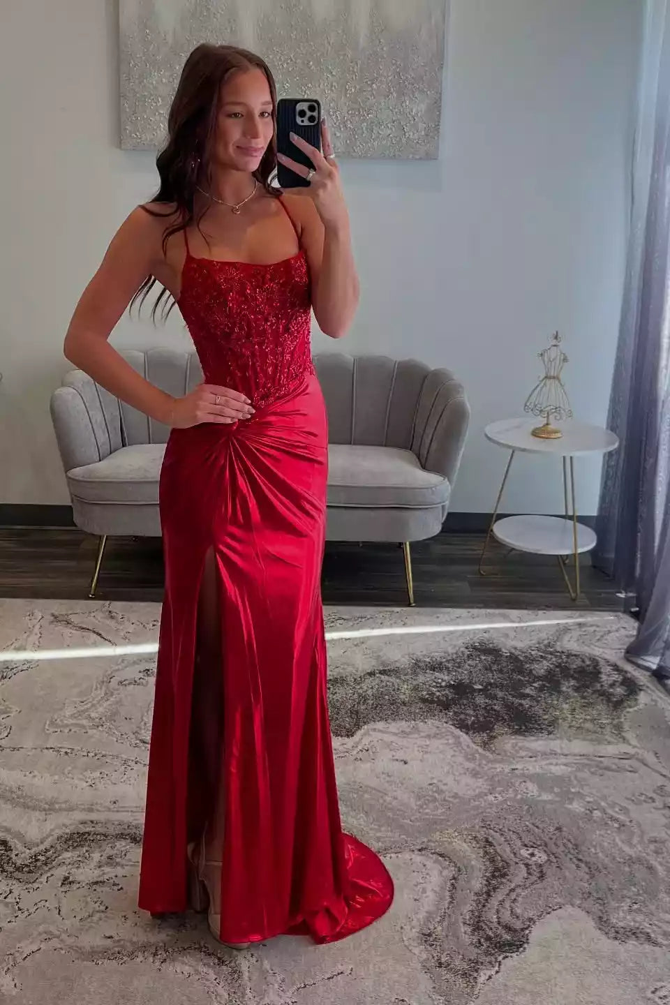 Crimson Red Beaded Satin Crisscross-Back Gown – Glittering & Elegant Evening Party Dress