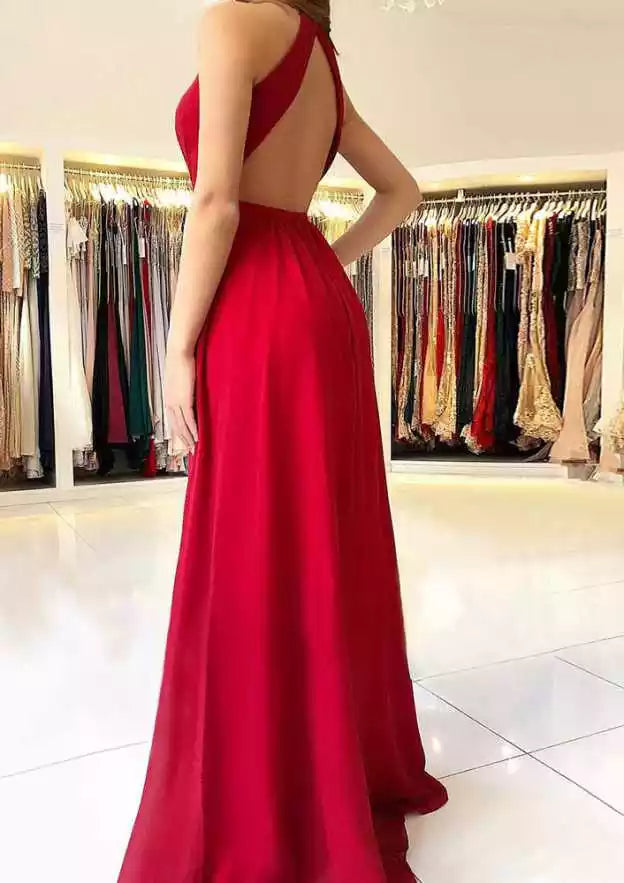 Crimson Red Chiffon Halter A-Line Gown – Romantic & Airy Evening Party Dress