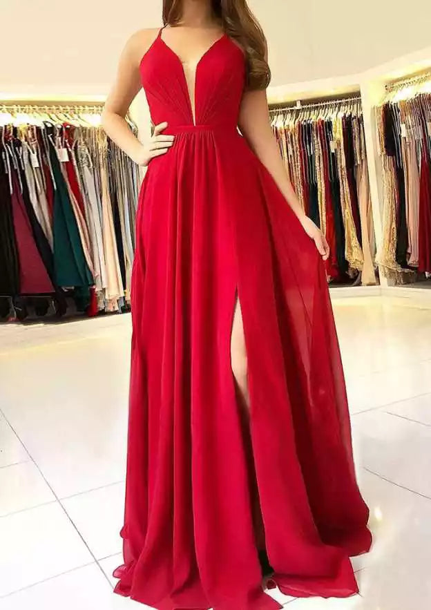 Crimson Red Chiffon Halter A-Line Gown – Romantic & Airy Evening Party Dress