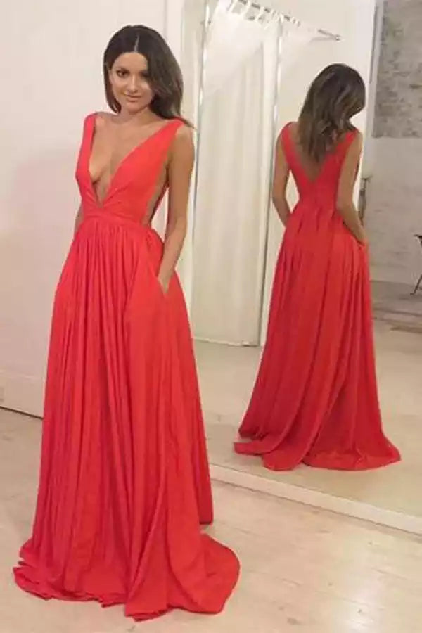 Crimson Red Deep V Open-Back A-Line Gown – Bold & Graceful Evening Party Dress