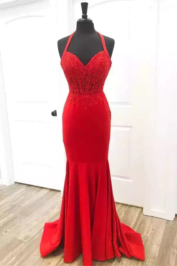 Crimson Red Halter Lace Bodice Mermaid Gown – Bold & Romantic Evening Party Dress