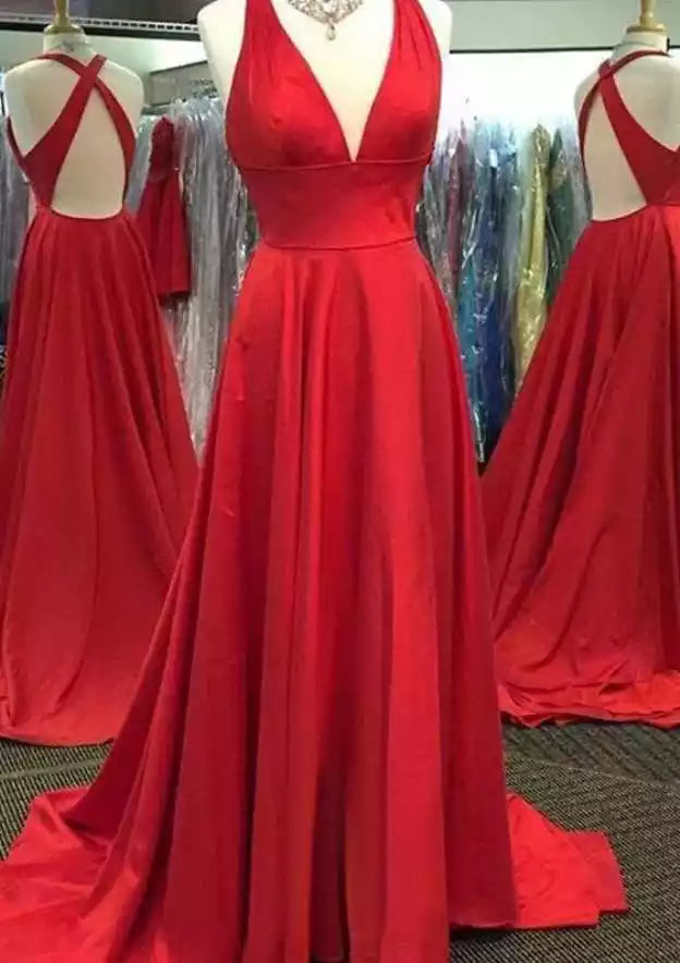 Crimson Red Halter Open-Back A-Line Gown – Daring & Glamorous Evening Party Dress