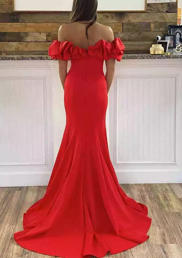 Crimson Red Off-Shoulder Ruffled Mermaid Gown – Bold & Romantic Evening Party Dress