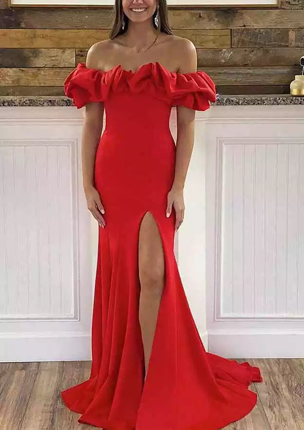 Crimson Red Off-Shoulder Ruffled Mermaid Gown – Bold & Romantic Evening Party Dress