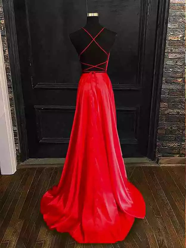 Crimson Red Satin Crisscross-Back A-Line Gown – Bold & Luxe Evening Party Dress