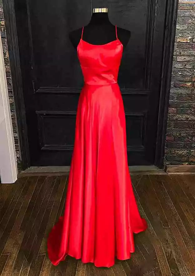 Crimson Red Satin Crisscross-Back A-Line Gown – Bold & Luxe Evening Party Dress