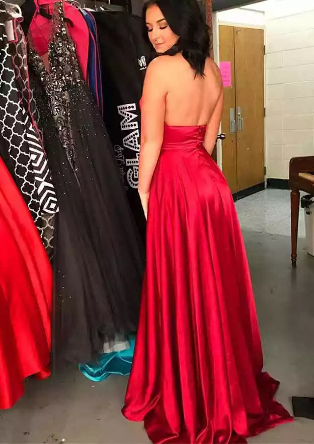 Crimson Red Satin Halter Cutout Gown – Bold & Alluring Evening Party Dress