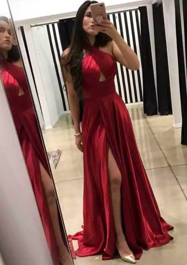 Crimson Red Satin Halter Cutout Gown – Bold & Alluring Evening Party Dress