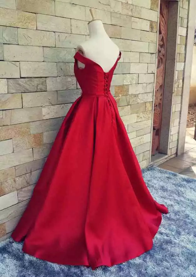 Crimson Red Satin Off-Shoulder Ball Gown – Timeless & Regal Evening Party Dress