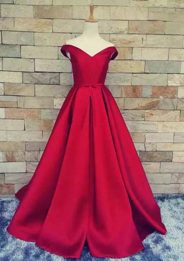 Crimson Red Satin Off-Shoulder Ball Gown – Timeless & Regal Evening Party Dress