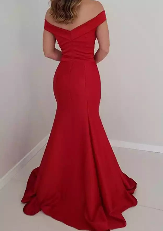 Crimson Red Satin Off-Shoulder Mermaid Gown – Bold & Alluring Evening Party Dress