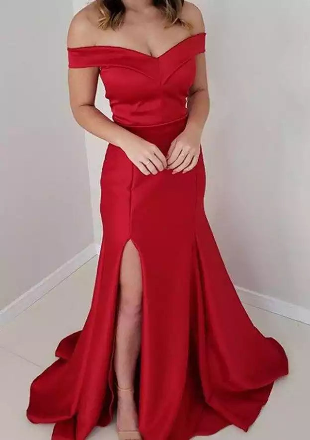 Crimson Red Satin Off-Shoulder Mermaid Gown – Bold & Alluring Evening Party Dress