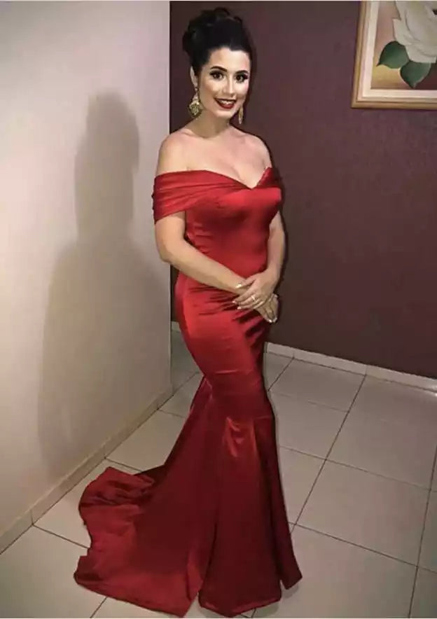 Crimson Red Satin Off-Shoulder Mermaid Gown – Bold & Timeless Evening Party Dress