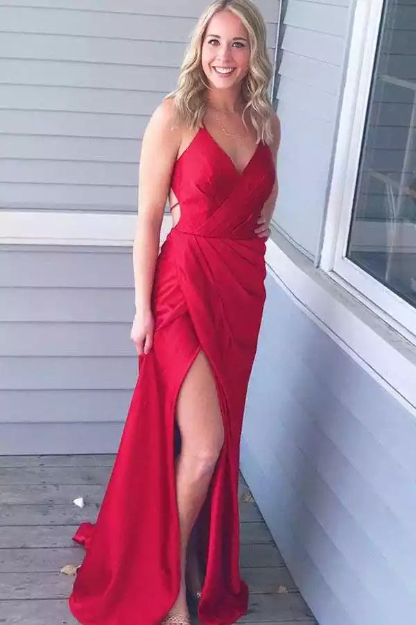 Crimson Red Satin Spaghetti Strap Crisscross Back Slit Gown – Bold & Sleek Evening Party Dress