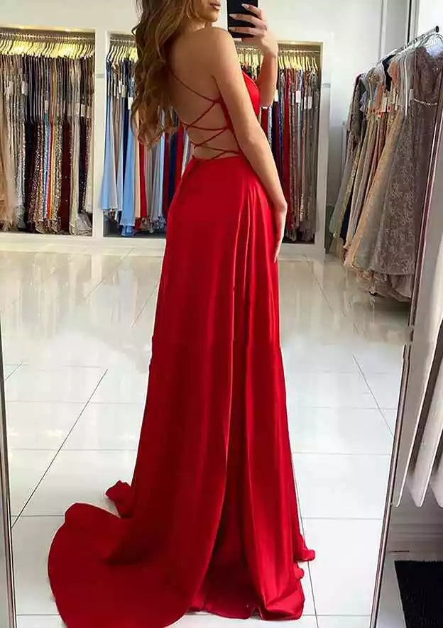Crimson Red Satin Spaghetti Strap Lace-Up Gown – Bold & Alluring Evening Party Dress