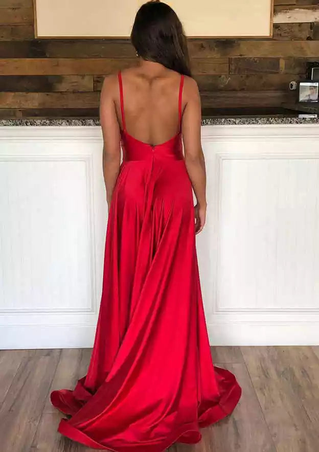 Crimson Red Satin Spaghetti Strap Open-Back Gown – Bold & Romantic Evening Party Dress