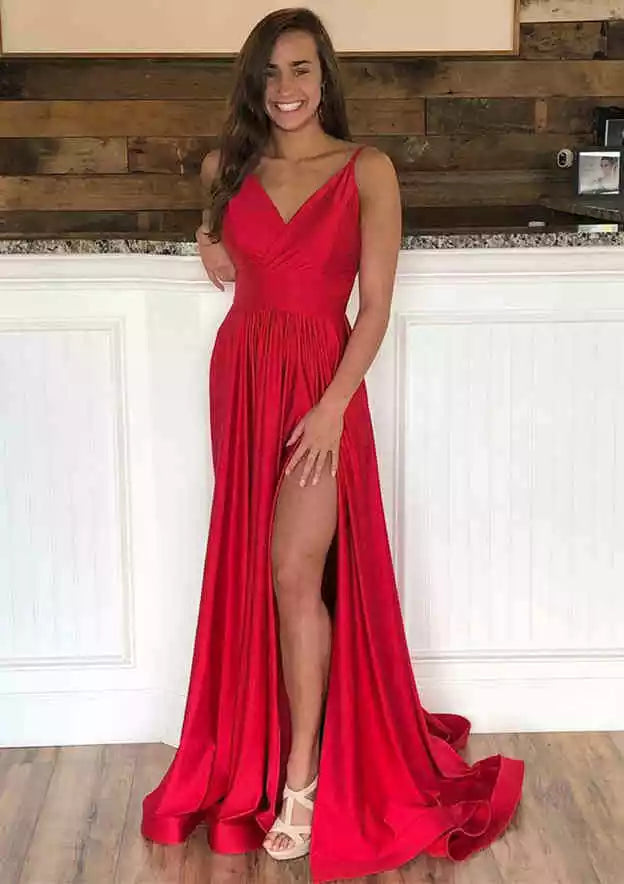 Crimson Red Satin Spaghetti Strap Open-Back Gown – Bold & Romantic Evening Party Dress