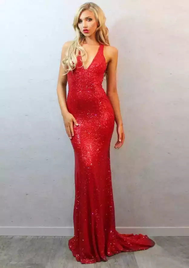 Crimson Red Sequin One-Shoulder Mermaid Gown – Dazzling & Bold Evening Party Dress