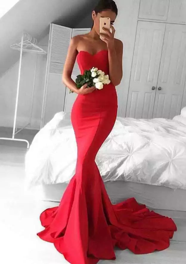 Crimson Red Strapless Mermaid Gown – Bold & Alluring Evening Party Dress