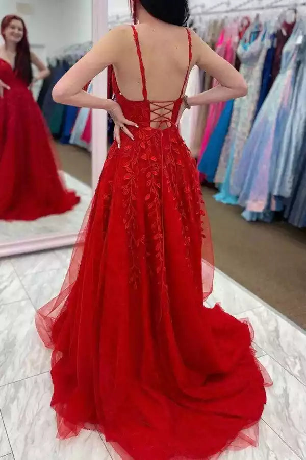 Crimson Red Tulle Lace Bodice Crisscross Back A-Line Gown – Bold & Romantic Evening Party Dress