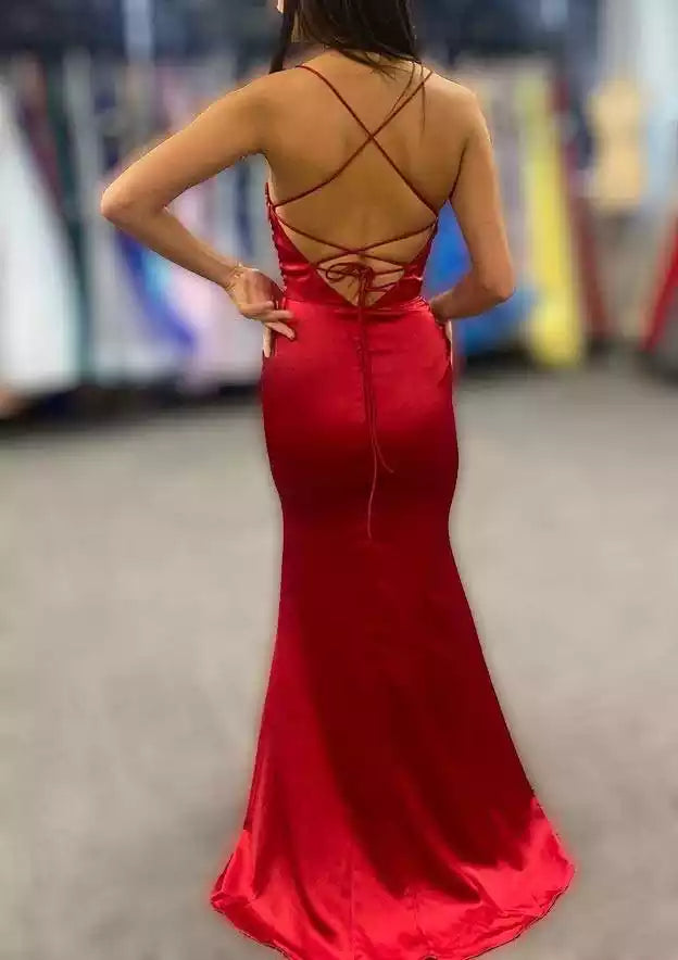 Crimson Satin Crisscross-Back Mermaid Gown – Luxe & Daring Evening Party Dress