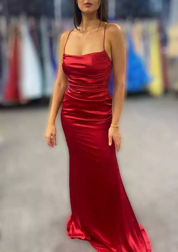 Crimson Satin Crisscross-Back Mermaid Gown – Luxe & Daring Evening Party Dress