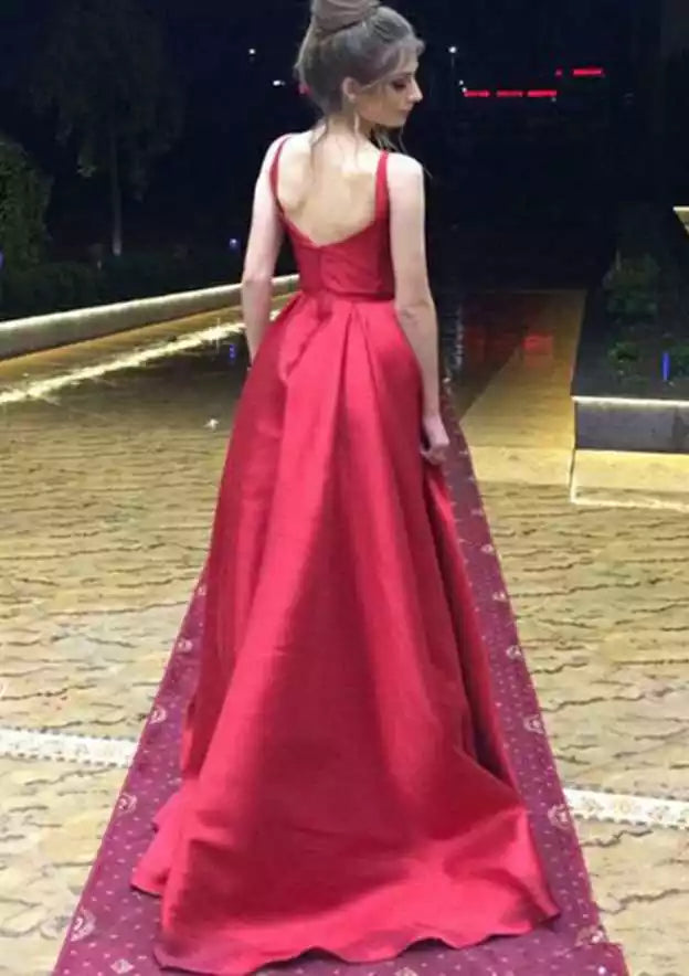 Crimson Satin Spaghetti-Strap A-Line Gown – Bold & Luxe Evening Party Dress