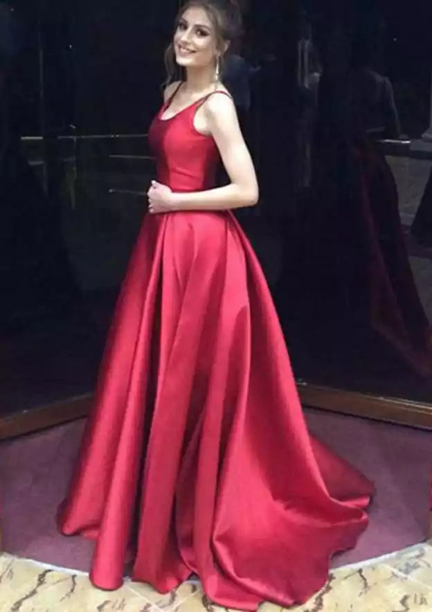 Crimson Satin Spaghetti-Strap A-Line Gown – Bold & Luxe Evening Party Dress