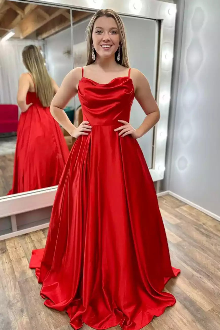 Crimson Satin Spaghetti-Strap Ball Gown – Elegant & Regal Evening Party Dress
