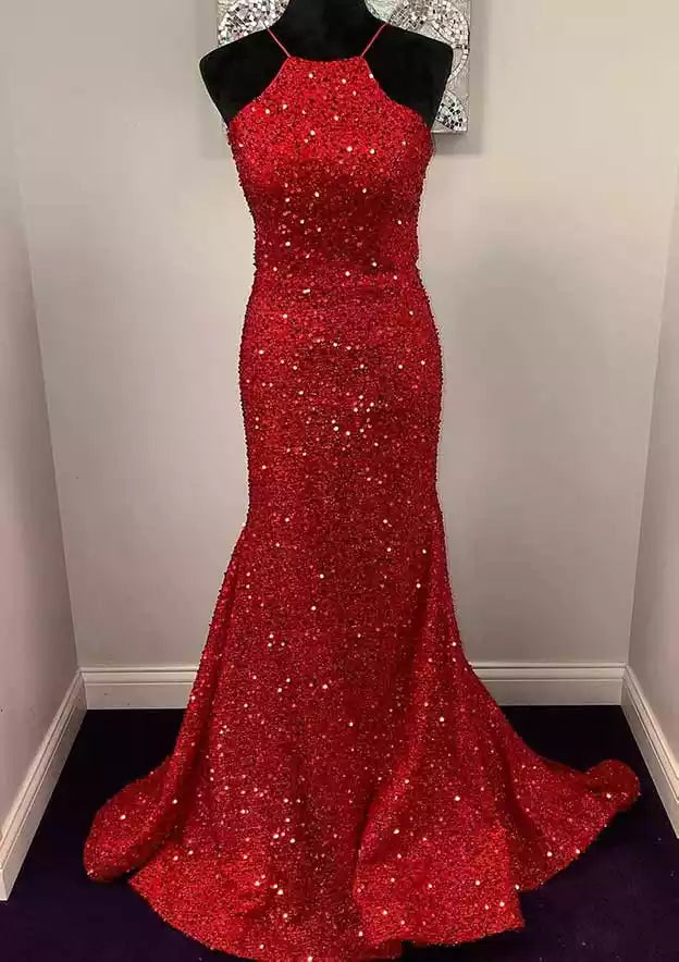 Crimson Sequin Halter-Back Mermaid Gown – Glittering & Daring Evening Party Dress