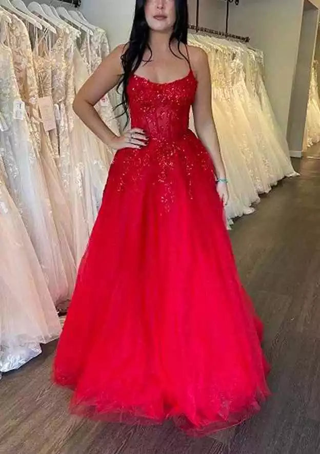 Crimson Sequin Tulle Crisscross-Back Ball Gown – Glittering & Daring Evening Party Dress